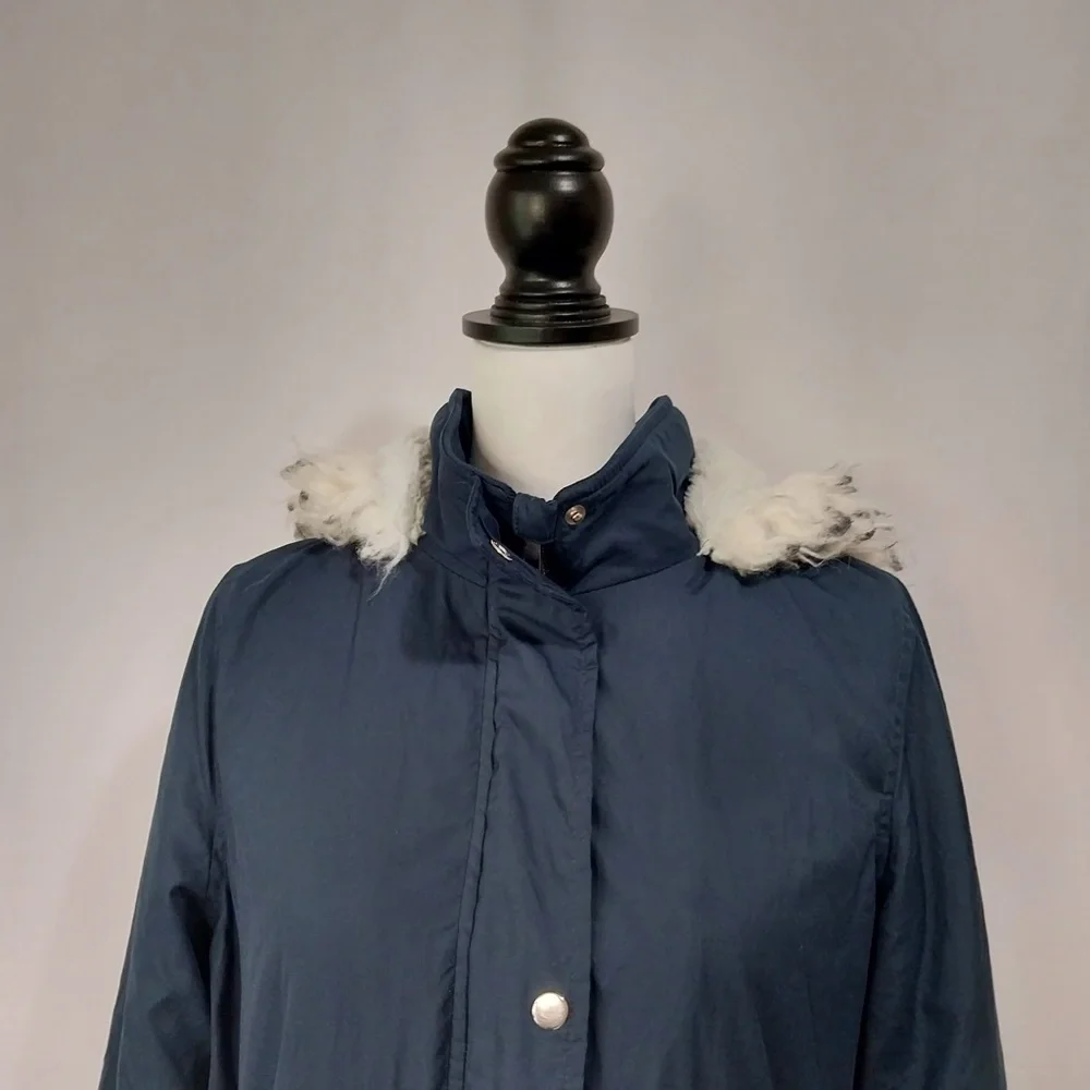 Tiffosi Navy Blue Hooded White Faux Fur Zip Up Button Down Long Sleeve Jacket M - Picture 3 of 15